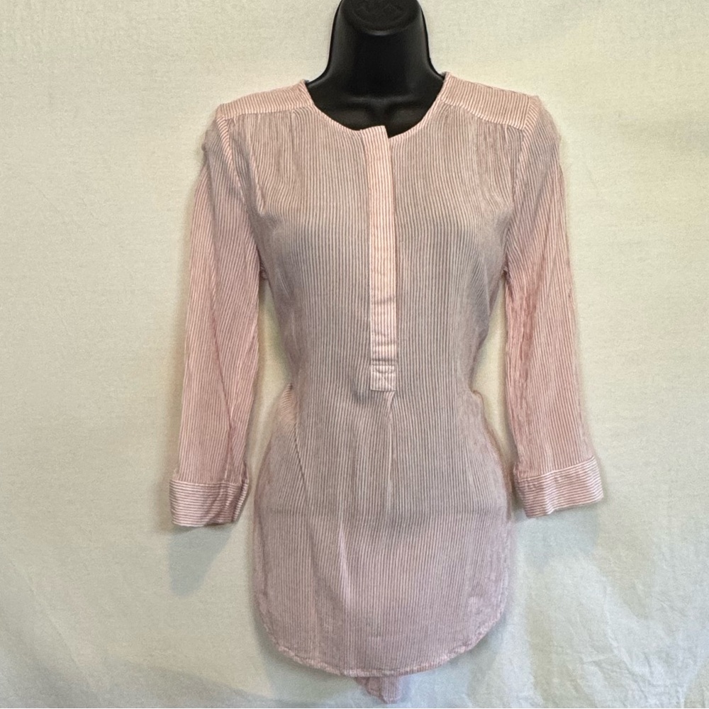 A-7 Nine West Jeans Pink & White Stripe 1/2 Sleeve Hi Lo Pullover Blouse Size S